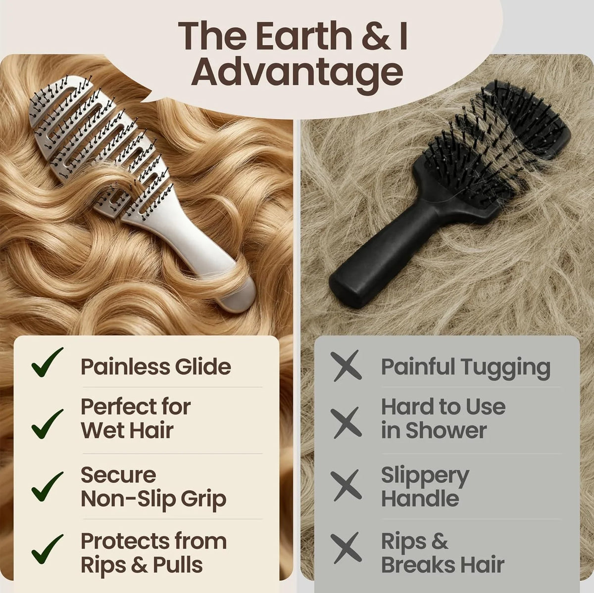 Earth & I Pain-Free Flex Detangler: Wet/Dry Curly Hair Brush, Teal Blue