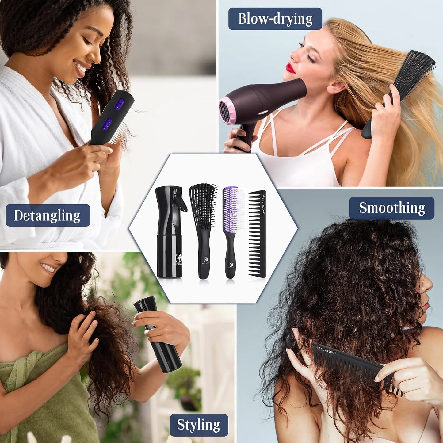 BRUSHZOO Detangling Brush with Hair Spray Bottle, Wide Tooth Comb for Women, Men, and Kids - 9 Row Brush with Detangler for Natural 3/4abc Curly Hair