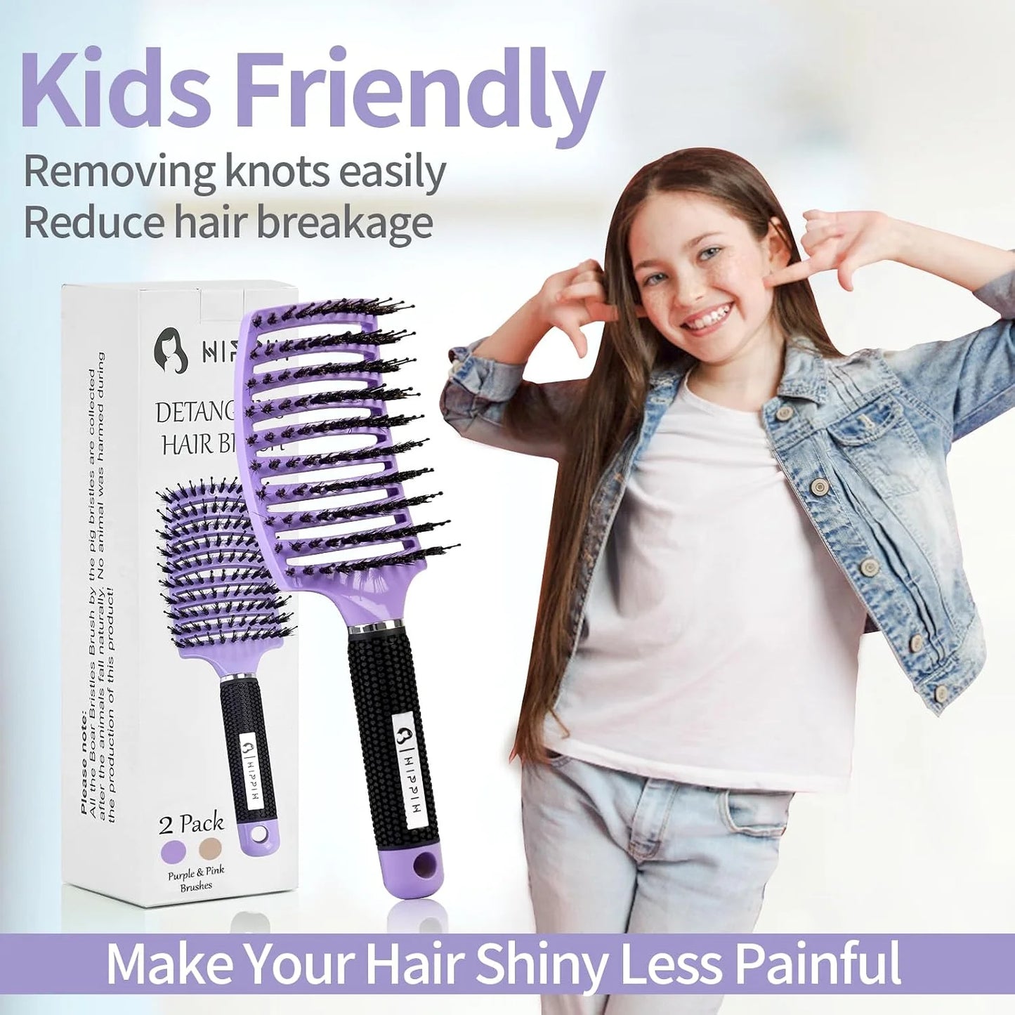 HIPPIH Boar Bristle Hair Brush Set of 2, Detangling Smoothing for Wet & Dry