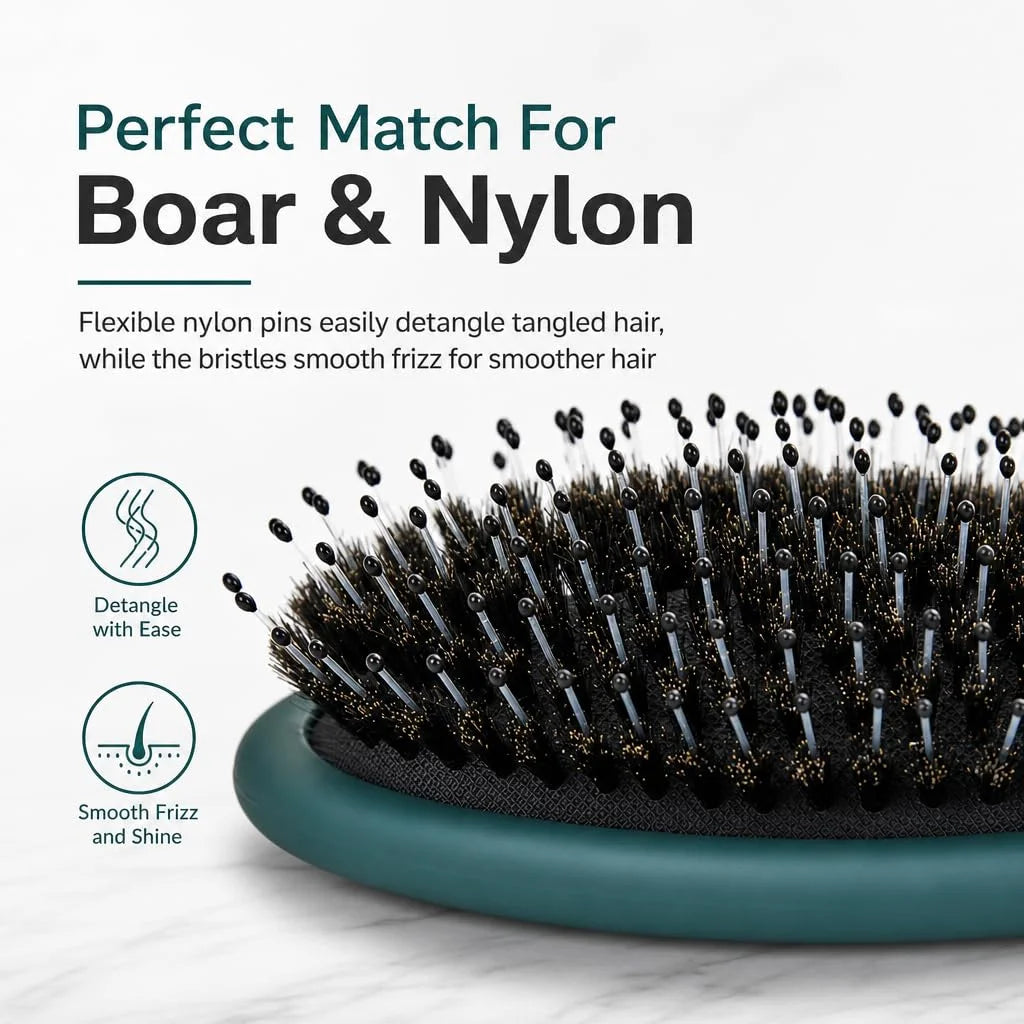 Boar Bristles Hair Brush for Women and Men, Detangling Hair Brush for Smoothing Massage Add Shine, Nylon&Boar Bristles Detangler brush for Hair Healthy (1 Pack-MintGreen)