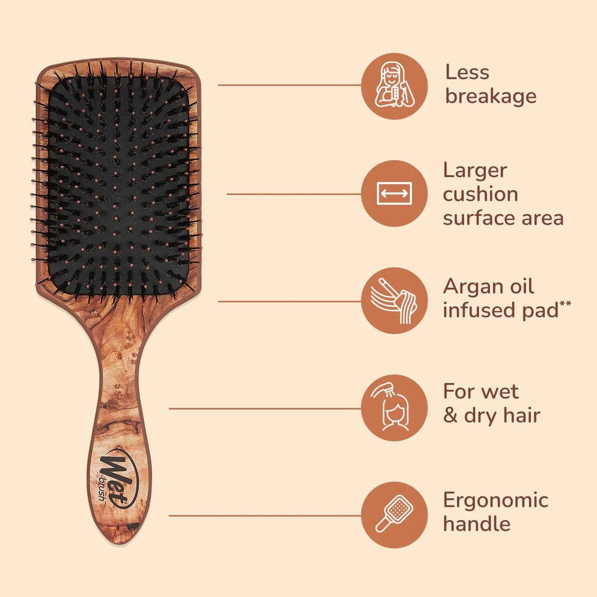 Wet Brush Paddle Shine Enhancer with Argan Oil, Distressed Wood - Ultra-Soft IntelliFlex Detangling Bristles with Boar Bristles For A Smooth & Shiny Finish - Pain-Free Hair Brush For Women & Men