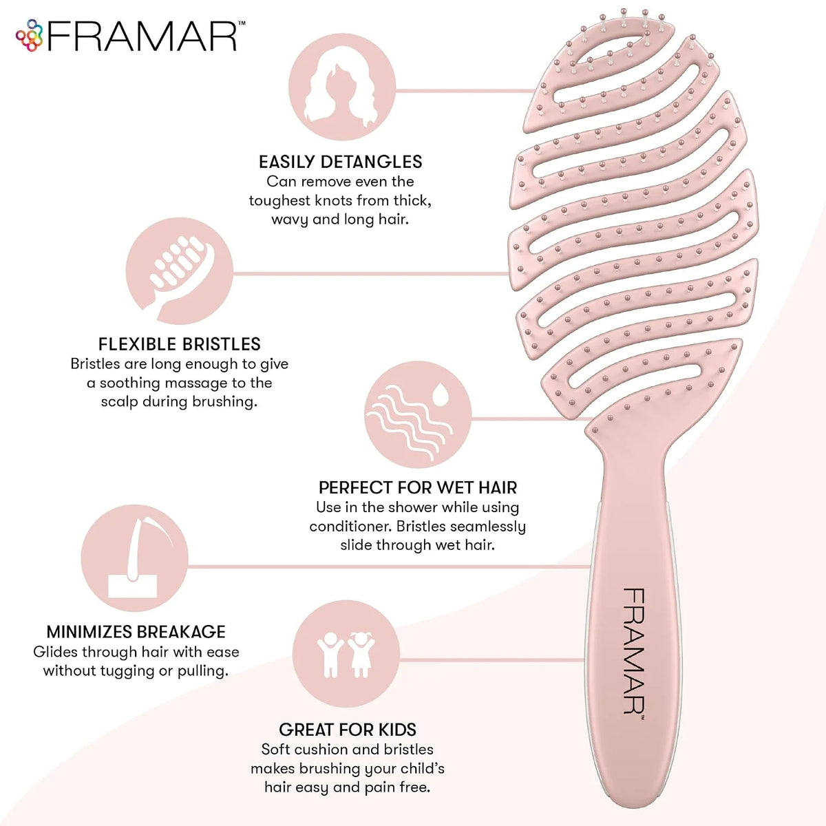 FRAMAR Vented Pink Hair Brush For Women, Flex Brush With Bendable Frame