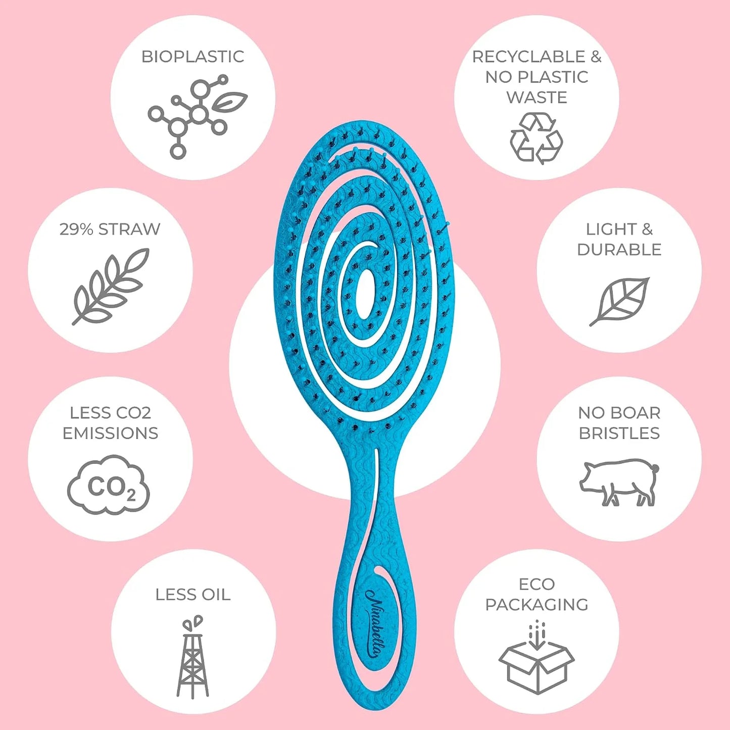 Ninabella Detangler Brush - No Tangle Hair Brush for Women, Fine, Thick and Long Hair - Hairbrush for Wet and Dry Hair, Gentle on the Scalp - Light Blue