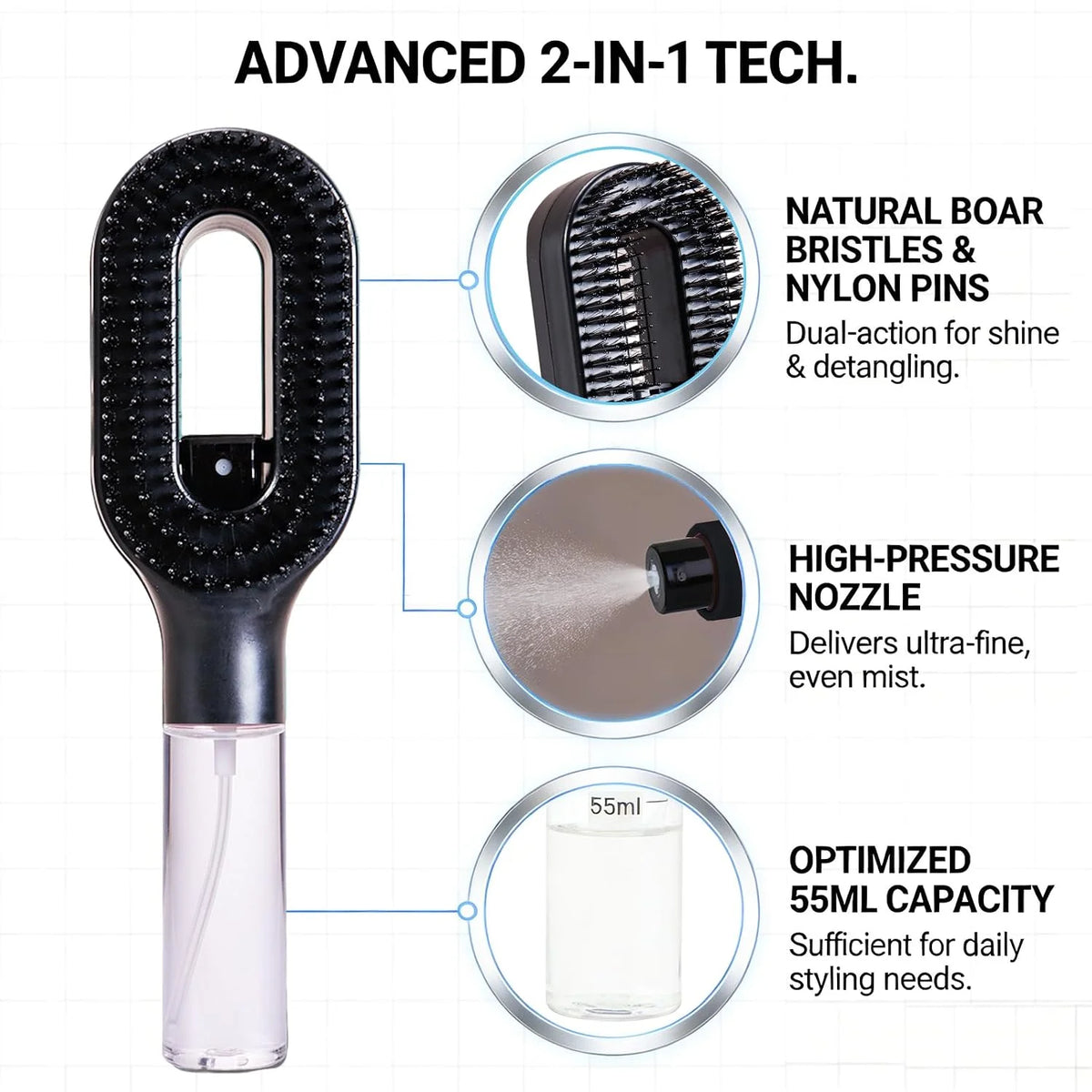 Hair Brush with Water Spray - 2-in-1 Detangler Brush for Frizz Control