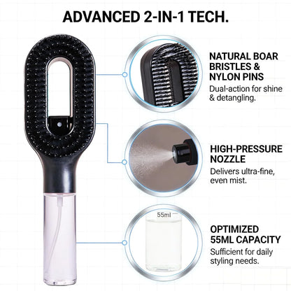 Hair Brush with Water Spray - 2-in-1 Detangler Brush for Frizz Control