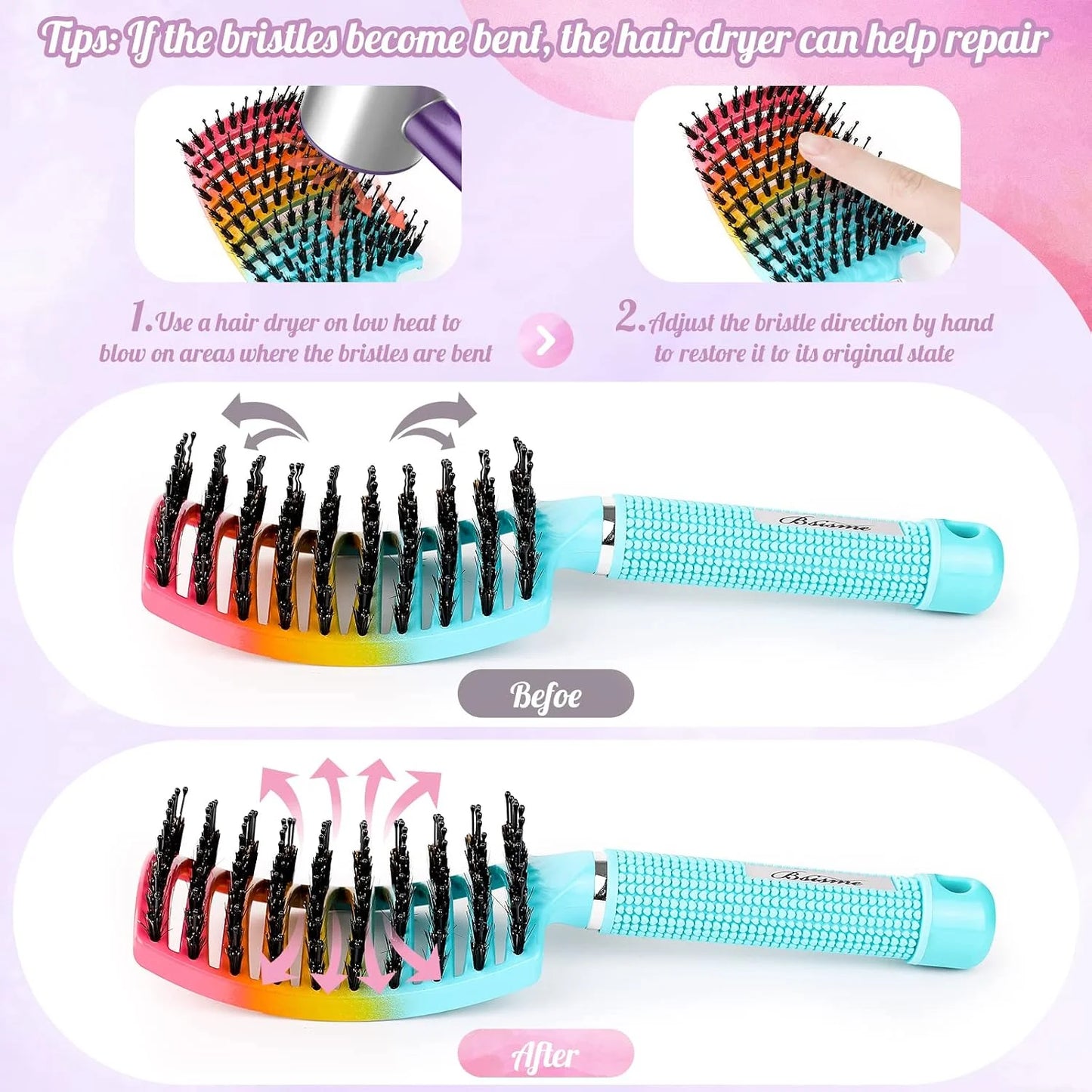Boar Bristle Hair Brush Curved Vented Detangler Brush Faster Blow Drying, Paddle Detangling Brush for Women Men Kids Wet Dry Long Curly Thick Straight Hair, Make Hair Shiny and Healthier(Purple+Green)