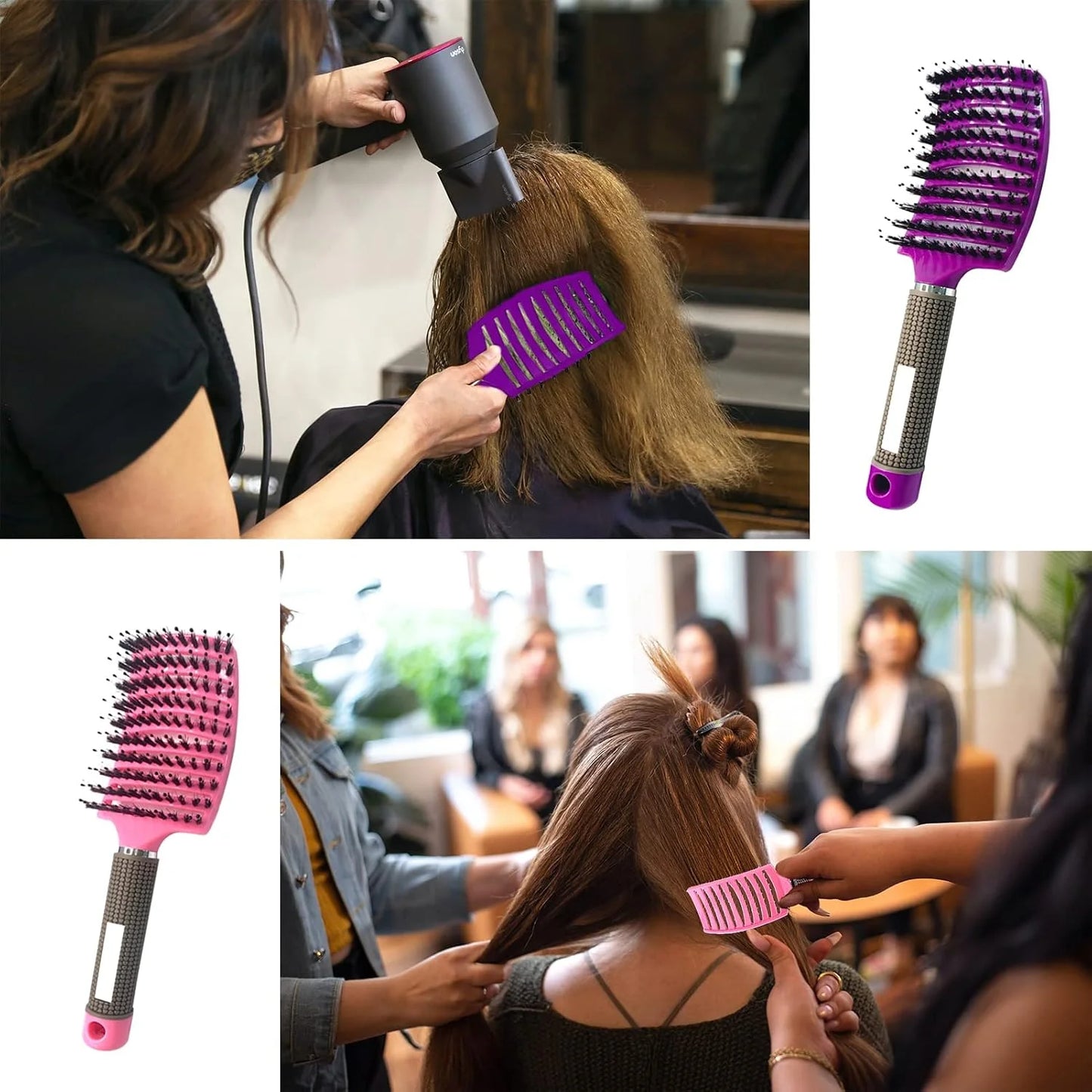 2 PACK Boar Bristle Hair Brush No Pull Curved Vented Hair Brushes Detangler Brush Fast Blow Drying Hair Brush for Kids Men Women Wet Dry Long Thin Thick Curly Tangled Hair (pink+green)