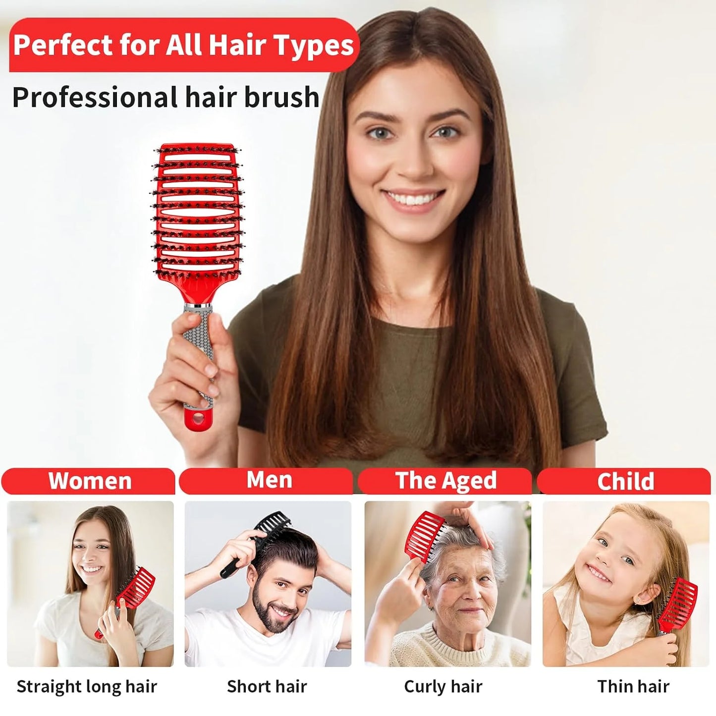 HIPPIH Boar Bristle Hair Brush Set of 2, Detangling Smoothing for Wet & Dry