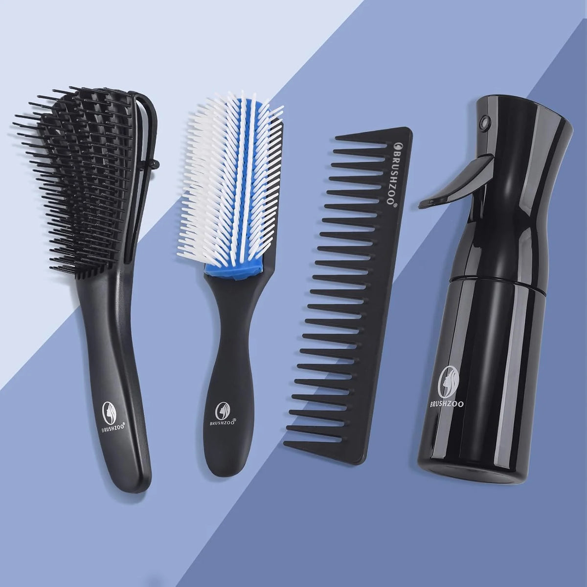 BRUSHZOO Detangling Brush with Hair Spray Bottle, Wide Tooth Comb for Women, Men, and Kids - 9 Row Brush with Detangler for Natural 3/4abc Curly Hair