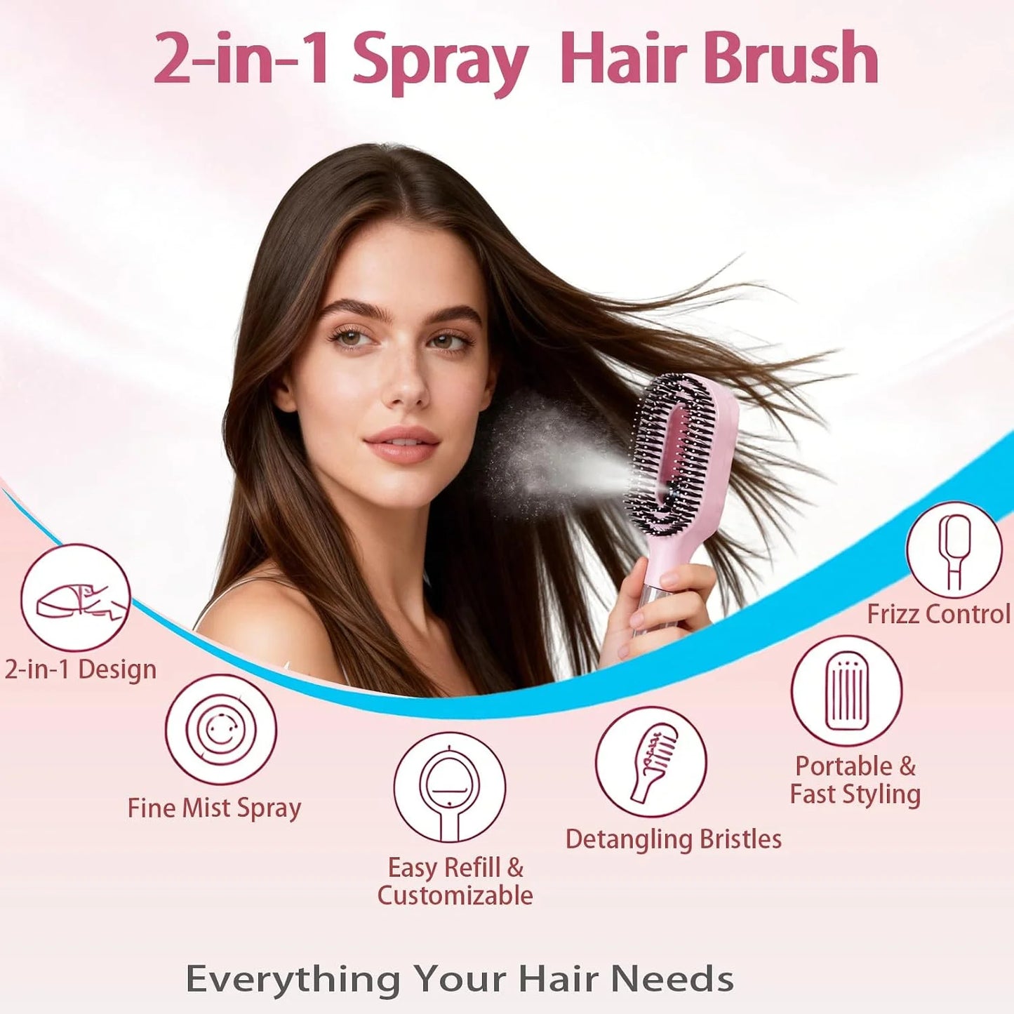 Hair Brush with Water Spray - 2-in-1 Detangler Brush for Frizz Control