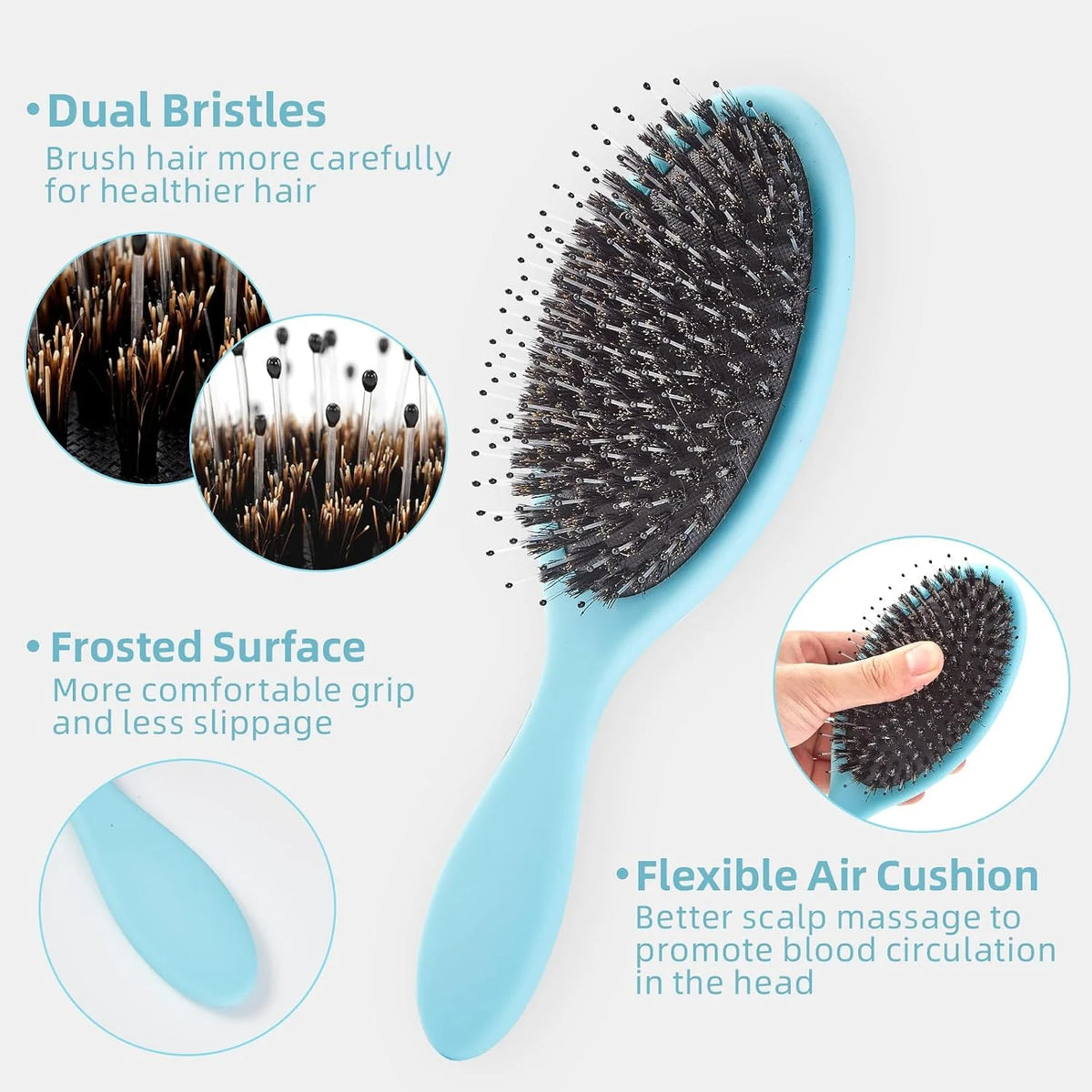 Boar Bristles Hair Brush for Women and Men, Detangling Hair Brush for Smoothing Massage Add Shine, Nylon&Boar Bristles Detangler brush for Hair Healthy (1 Pack-MintGreen)