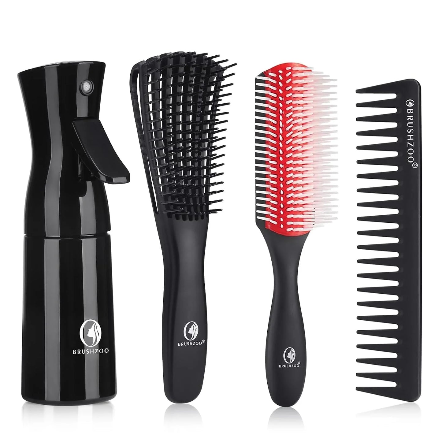 BRUSHZOO Detangling Brush with Hair Spray Bottle, Wide Tooth Comb for Women, Men, and Kids - 9 Row Brush with Detangler for Natural 3/4abc Curly Hair