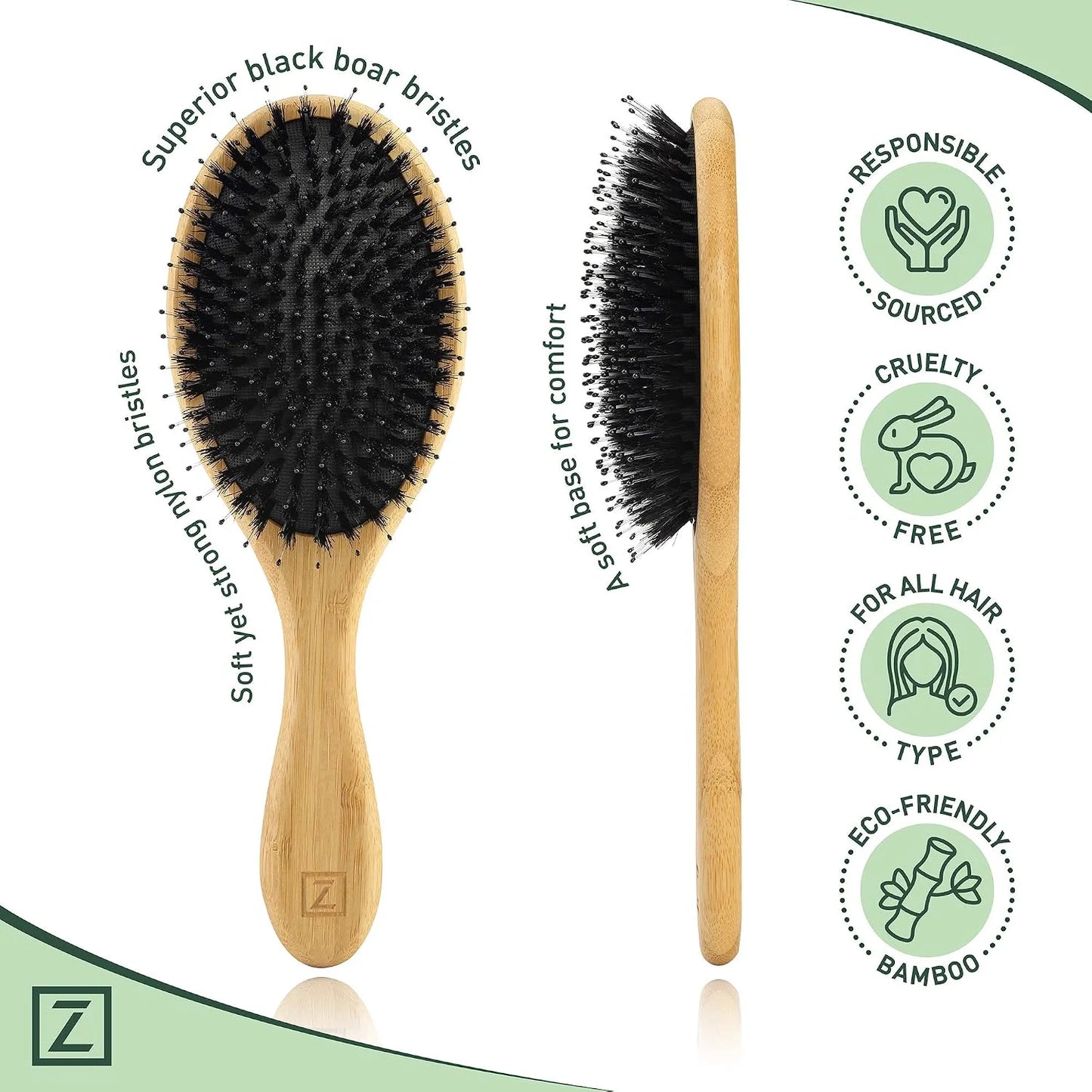 Natural Boar Bristle Hair Brush for Women, Men, Kids; Dry and Wet Detangling Hair Brush Gently Enhances Shine, Smooths Frizz and Prevents Breakage in Fine and Straight, Thick and Curly Hair (paddle)