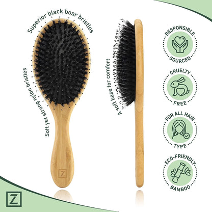 Natural Boar Bristle Hair Brush for Women, Men, Kids; Dry and Wet Detangling Hair Brush Gently Enhances Shine, Smooths Frizz and Prevents Breakage in Fine and Straight, Thick and Curly Hair (paddle)