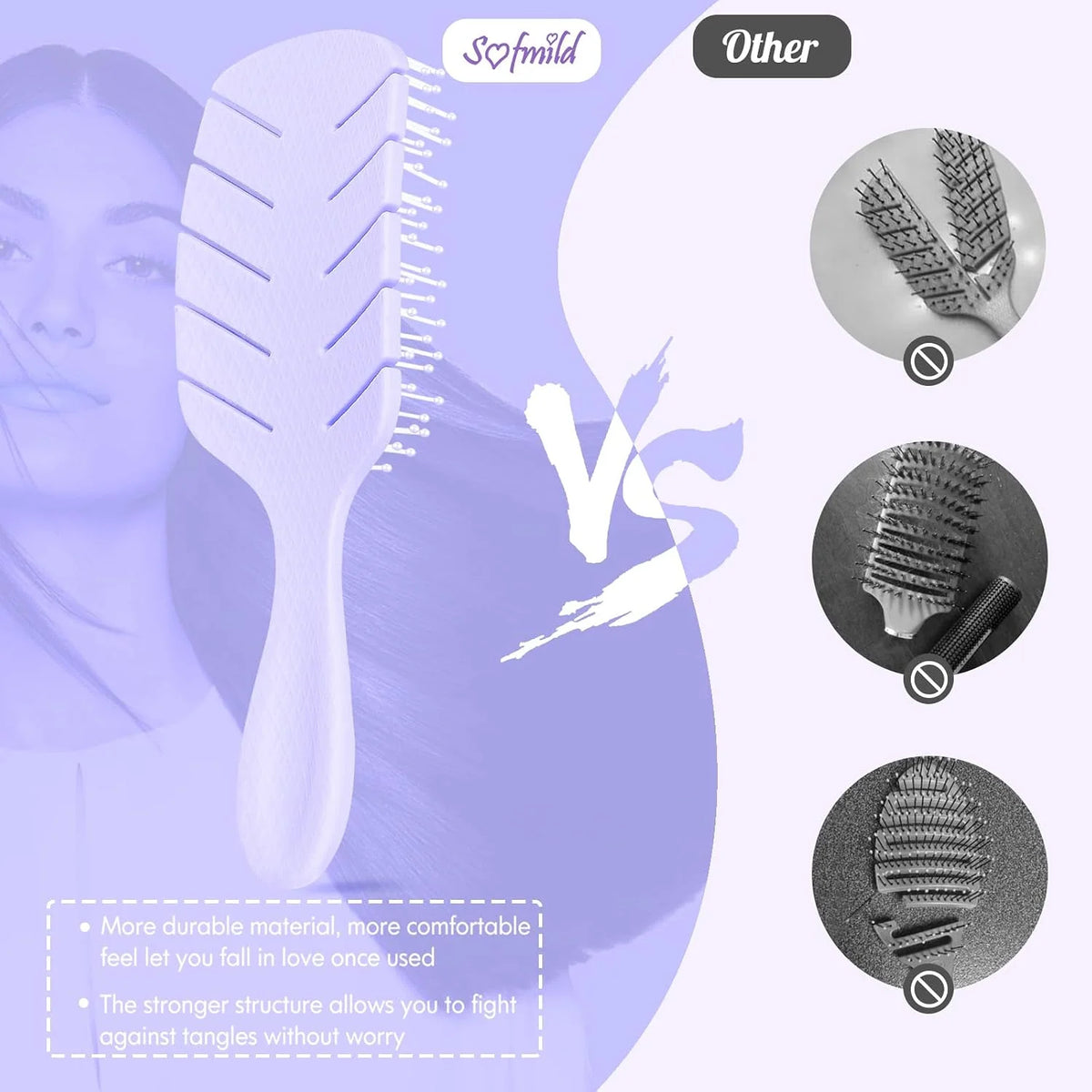 Hair Brush, Vented Paddle Detangle Brush, Purple