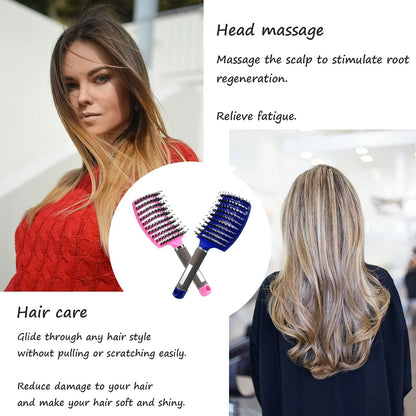2 PACK Boar Bristle Hair Brush No Pull Curved Vented Hair Brushes Detangler Brush Fast Blow Drying Hair Brush for Kids Men Women Wet Dry Long Thin Thick Curly Tangled Hair (pink+green)