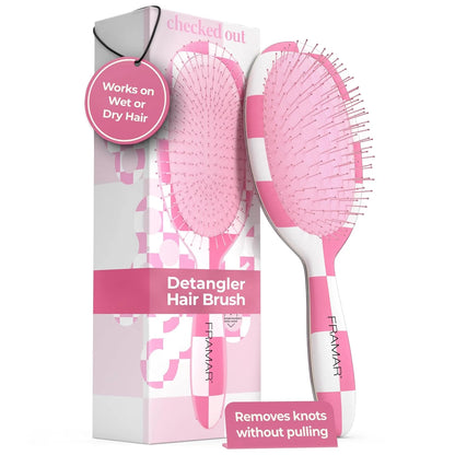 FRAMAR Checkered Hair Brush Detangler, Wet Hair Brushes For Women – Pink