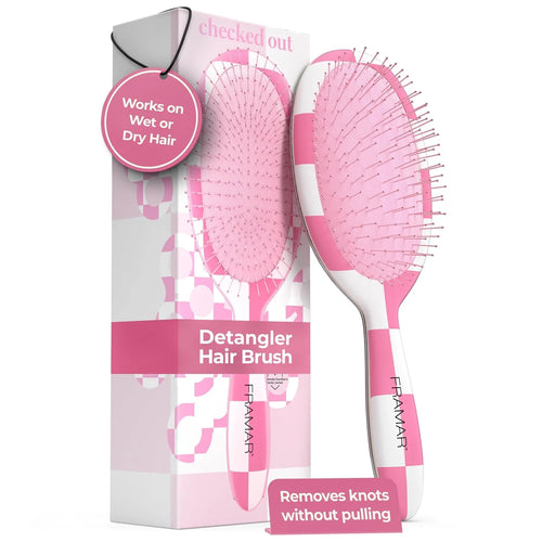 FRAMAR Checkered Hair Brush Detangler, Wet Hair Brushes For Women – Pink