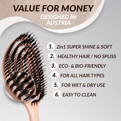 marQus Detangle Boar Brush Women and Men, Exclusive Ultra-soft bending Bristles and Body - Glide Through Tangles With Ease For All Hair Types - Women, Men, Wet And Dry Hair, 1pcs Brown Brush