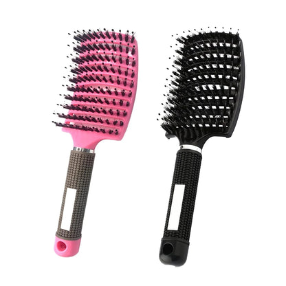 2 PACK Boar Bristle Hair Brush No Pull Curved Vented Hair Brushes Detangler Brush Fast Blow Drying Hair Brush for Kids Men Women Wet Dry Long Thin Thick Curly Tangled Hair (pink+green)