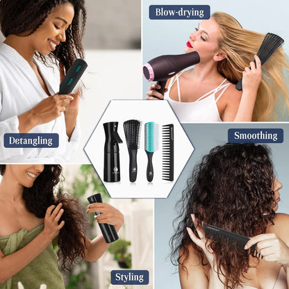 BRUSHZOO Detangling Brush with Hair Spray Bottle, Wide Tooth Comb for Women, Men, and Kids - 9 Row Brush with Detangler for Natural 3/4abc Curly Hair