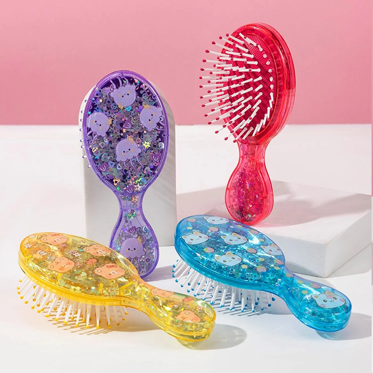 Mini Wet Hair Brush,Glitter Detangling Brush Gifts For Women Girls Kids Toddler Small Cute Hair Brushes Travel Shower Massage HairBrush with Air Cushion for Dry,Wet Hair (Pink)