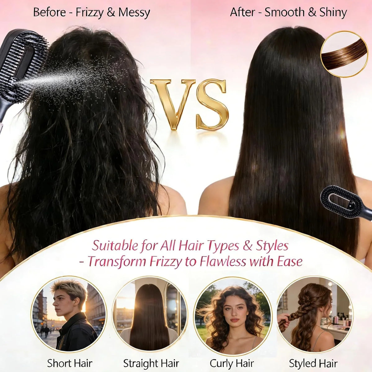Hair Brush with Water Spray - 2-in-1 Detangler Brush for Frizz Control