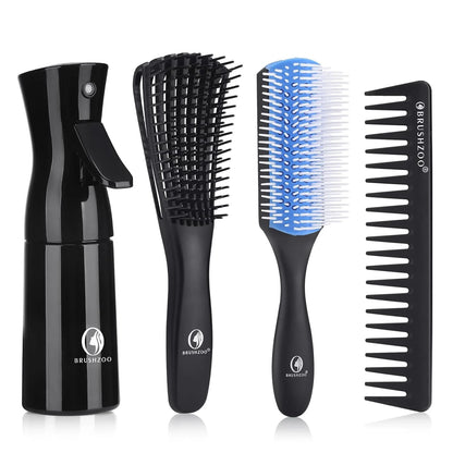 BRUSHZOO Detangling Brush with Hair Spray Bottle, Wide Tooth Comb for Women, Men, and Kids - 9 Row Brush with Detangler for Natural 3/4abc Curly Hair