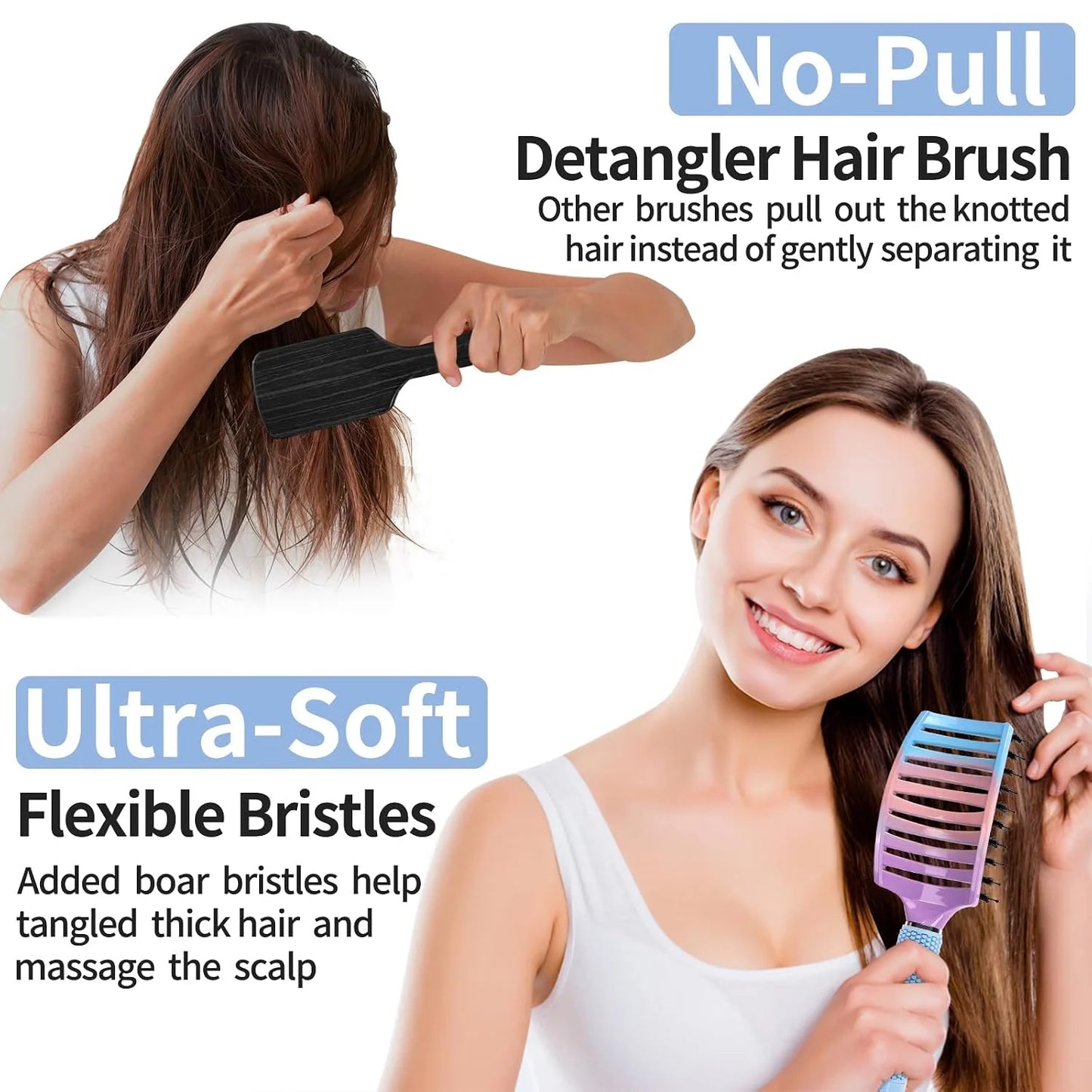 HIPPIH Boar Bristle Hair Brush Set of 2, Detangling Smoothing for Wet & Dry
