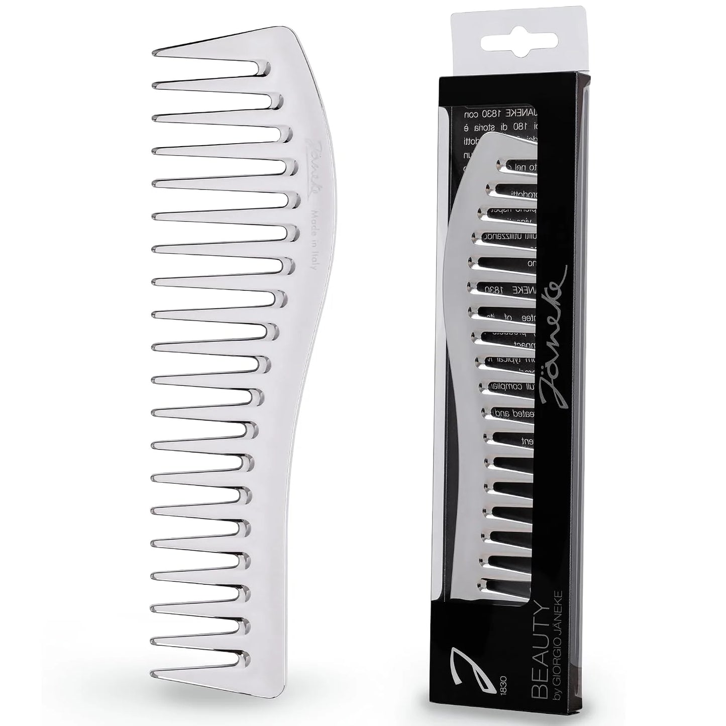 Janeke J-Brush Detangling Comb for Curly and Wavy Hair – Wide Tooth J-Shape Brush for Wet and Dry Use – Anti-Frizz, Lightweight and Gentle on Scalp – Made in Italy Professional Styling Tool (Black)