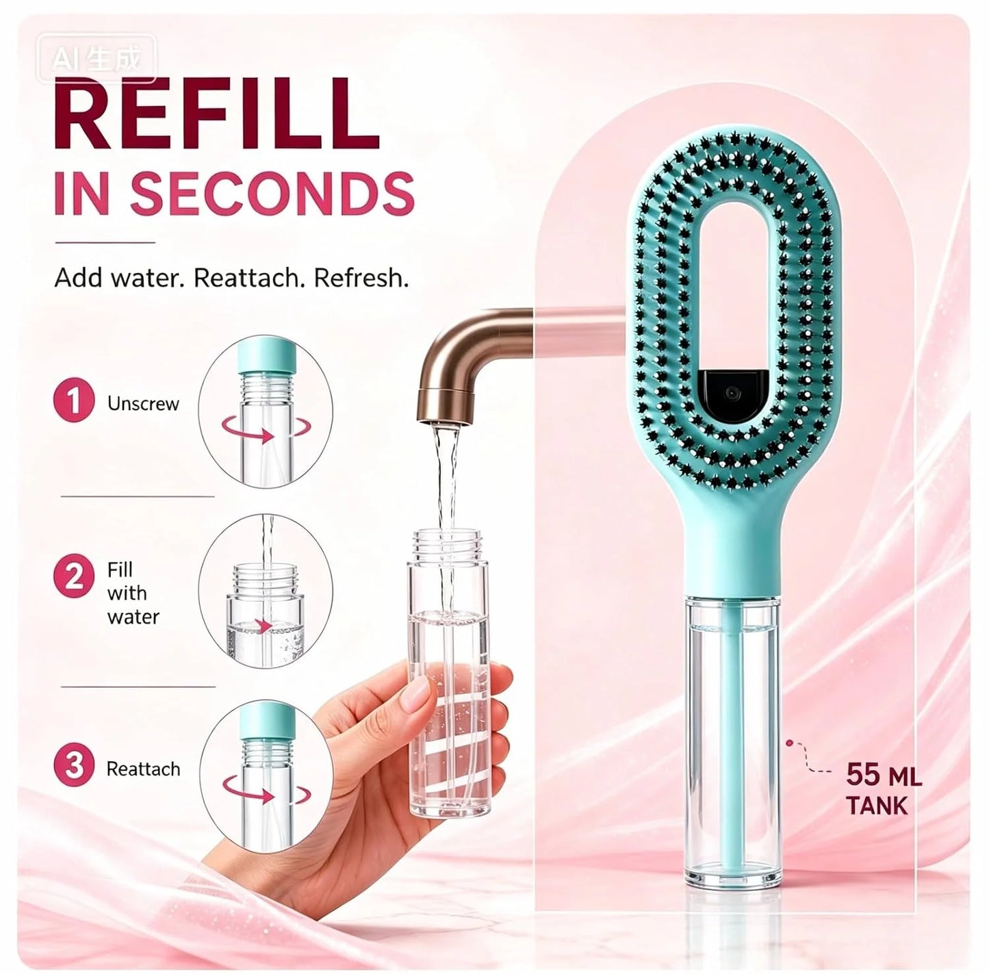 2-in-1 Hair Brush with Water Spray Mister, Fine Mist Spray Brush for Hair Detangling Wet & Dry, Liquid Spraying Hairbrush for Curly Thick Hair & Kids (Sky Blue)