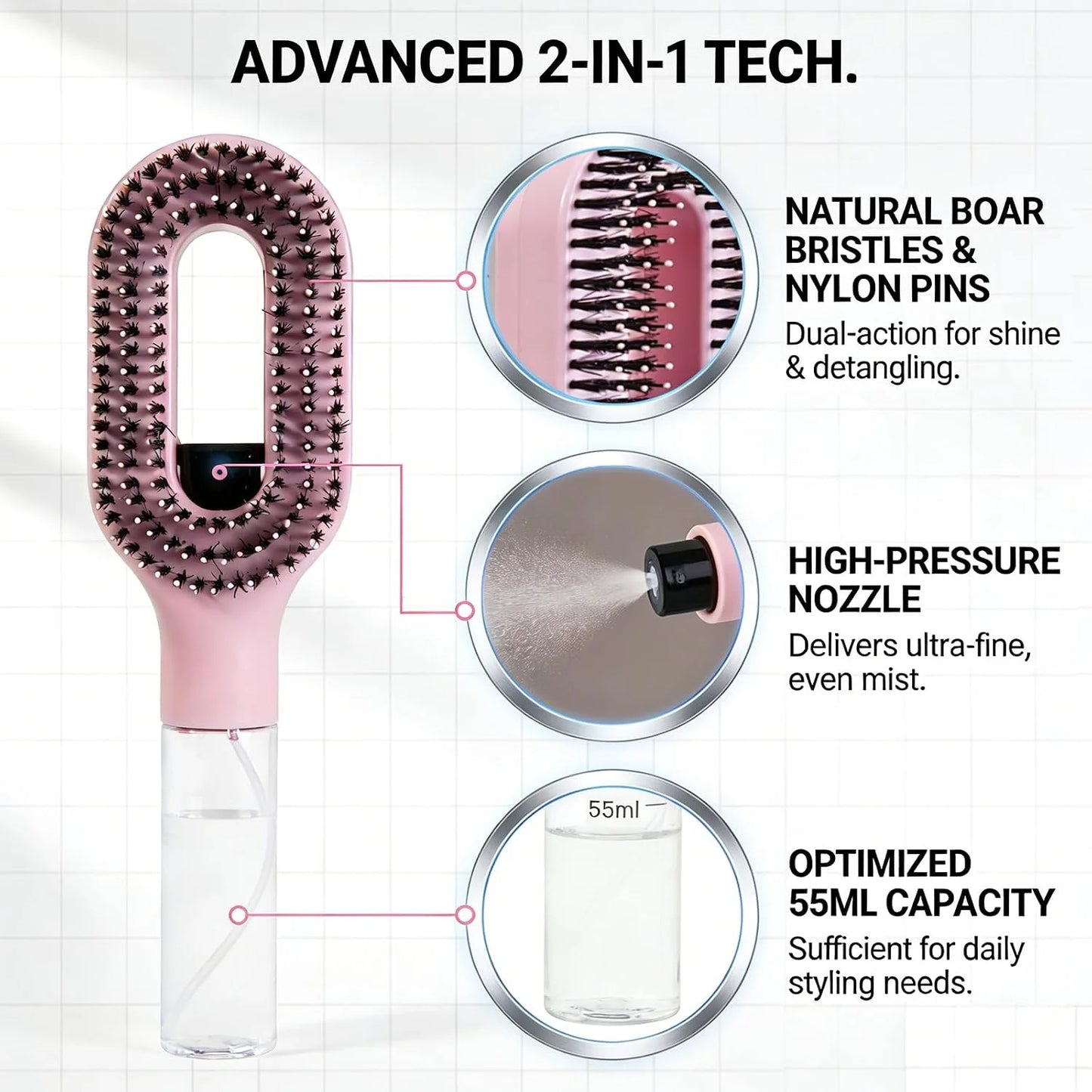 Hair Brush with Water Spray - 2-in-1 Detangler Brush for Frizz Control
