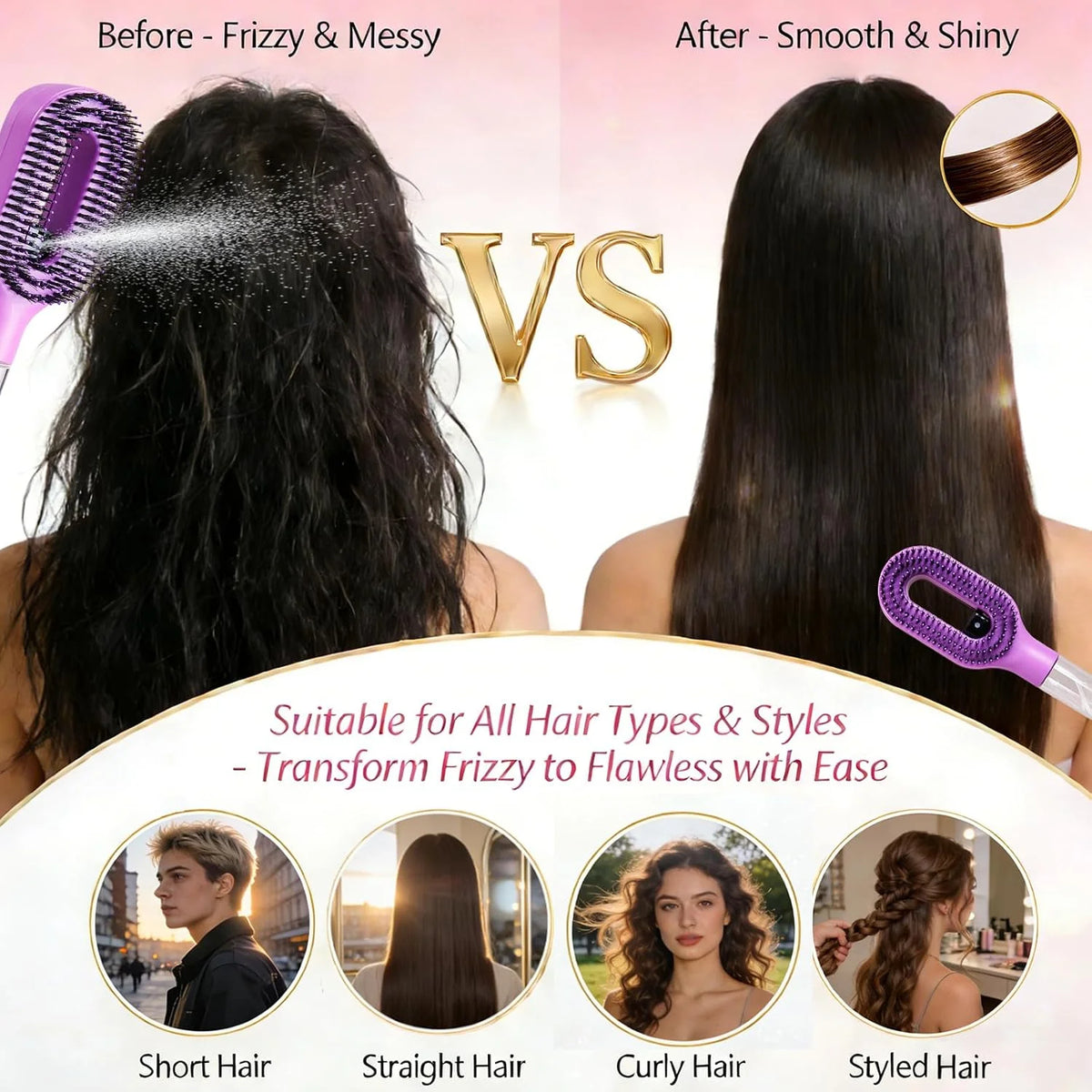 Hair Brush with Water Spray - 2-in-1 Detangler Brush for Frizz Control