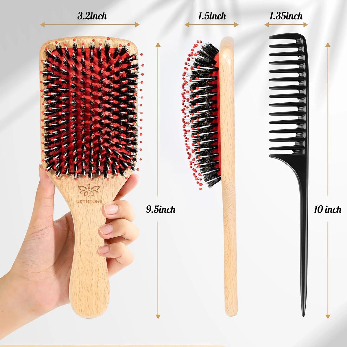 URTHEONE Hair Brush,Boar Bristle Hair Brushes and Styling Comb Set for Women Men Kids, Best Natural Wooden Paddle Hairbrush for Wet or Dry Hair Detangling Smoothing Massaging