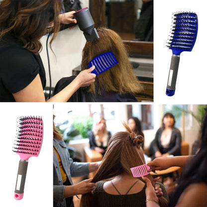 2 PACK Boar Bristle Hair Brush No Pull Curved Vented Hair Brushes Detangler Brush Fast Blow Drying Hair Brush for Kids Men Women Wet Dry Long Thin Thick Curly Tangled Hair (pink+green)