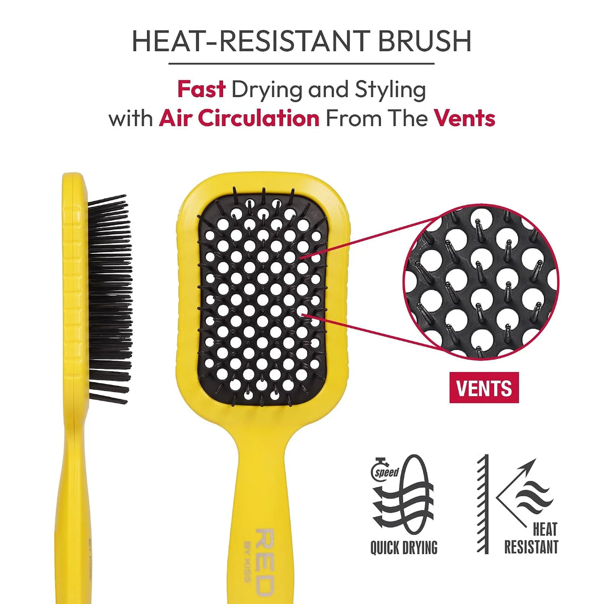 RED by Kiss Dry Vent Heat-Resistant Hair Brush, Detangling Fast Blow Drying for Wet Dry Curly Thick Straight Hair, Vented Detangler for Women Men Children Kids (Yellow)
