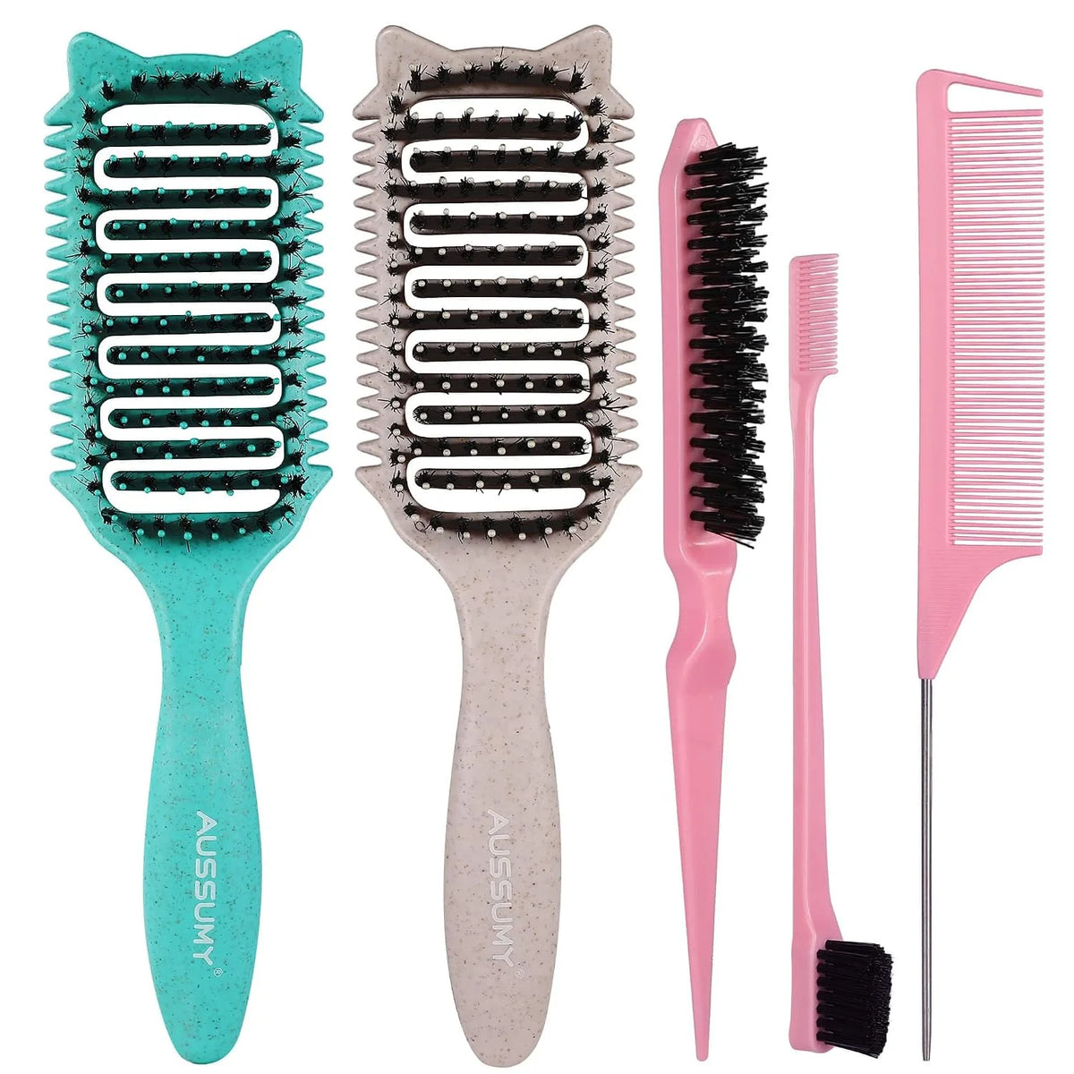 2 Pack Curly Defining & Detangling Brush - With Boar Bristle & 3 Styling Comb Tools – Shine to Shape & Define Natural Curl Waves & Coils - Vented Anti-Frizz Wet or Dry Hair for Women Men Kids