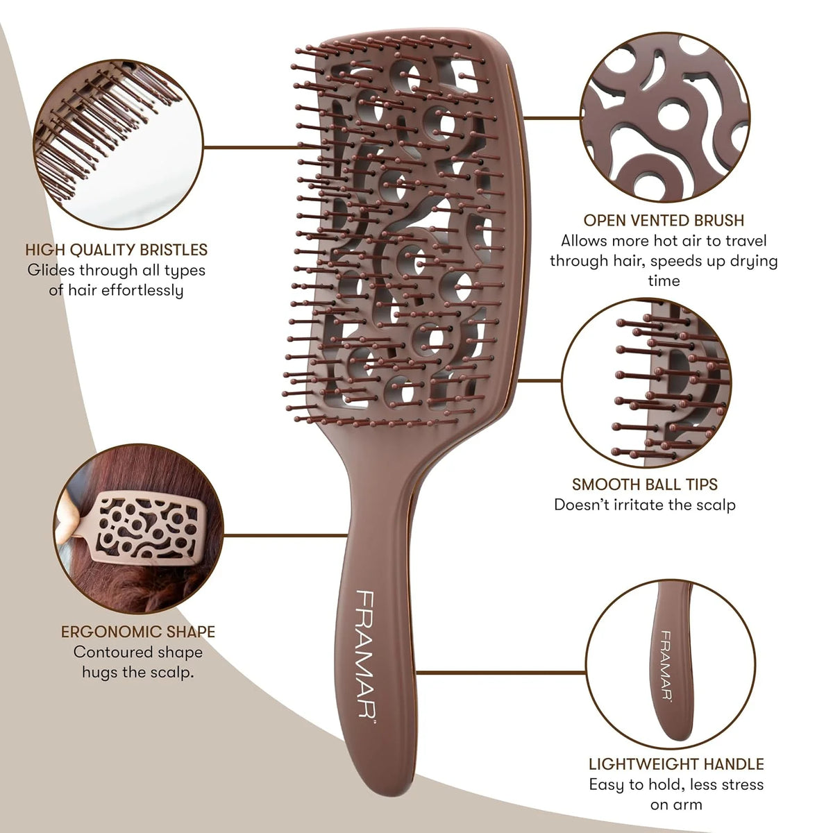 FRAMAR Professional Vented Hair Brush, Curved Hair Brush For Blow Drying