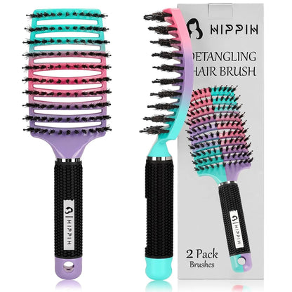 HIPPIH Boar Bristle Hair Brush Set of 2, Detangling Smoothing for Wet & Dry