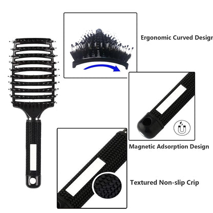 2 PACK Boar Bristle Hair Brush No Pull Curved Vented Hair Brushes Detangler Brush Fast Blow Drying Hair Brush for Kids Men Women Wet Dry Long Thin Thick Curly Tangled Hair (pink+green)