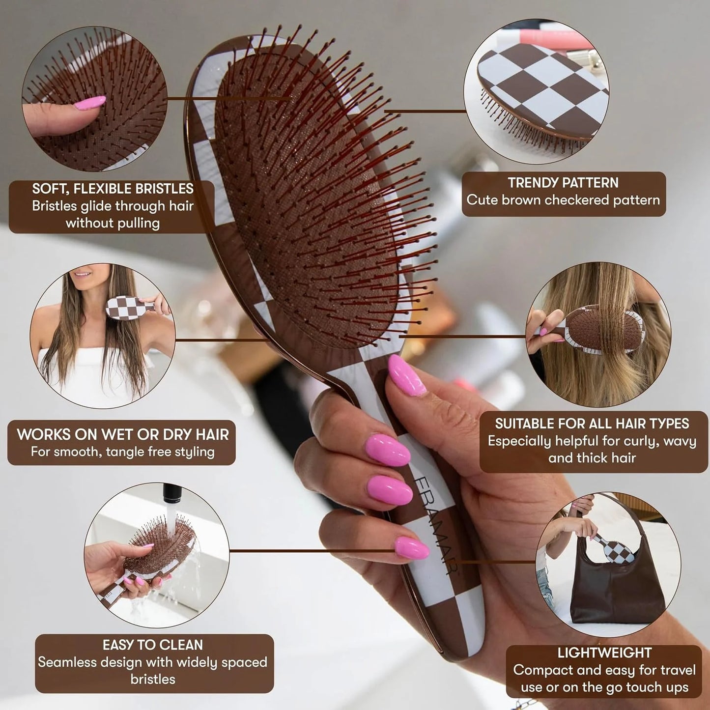 FRAMAR Checkered Hair Brush Detangler, Wet Hair Brushes For Women – Pink
