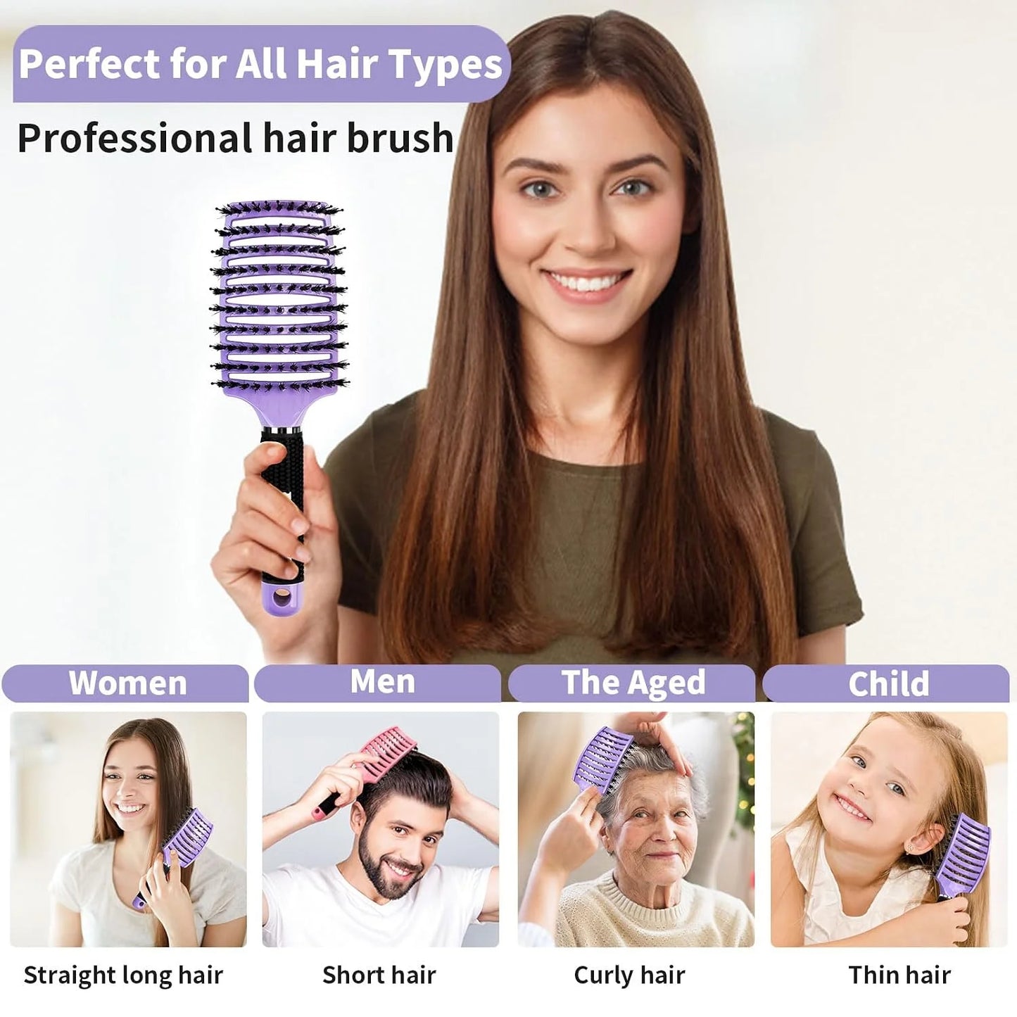 HIPPIH Boar Bristle Hair Brush Set of 2, Detangling Smoothing for Wet & Dry