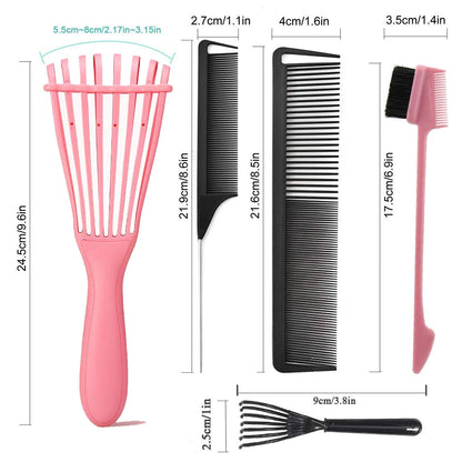 5 Pcs Detangling Hair Brush Set, Ez Detangler Brush With Edge Brush, Rat Tail Combs for Black Natural Hair Styling and Cuting, Curly/Straight/Wet/Dry/long/Short Hair Available for Women Kids Men