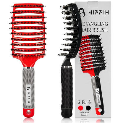 HIPPIH Boar Bristle Hair Brush Set of 2, Detangling Smoothing for Wet & Dry