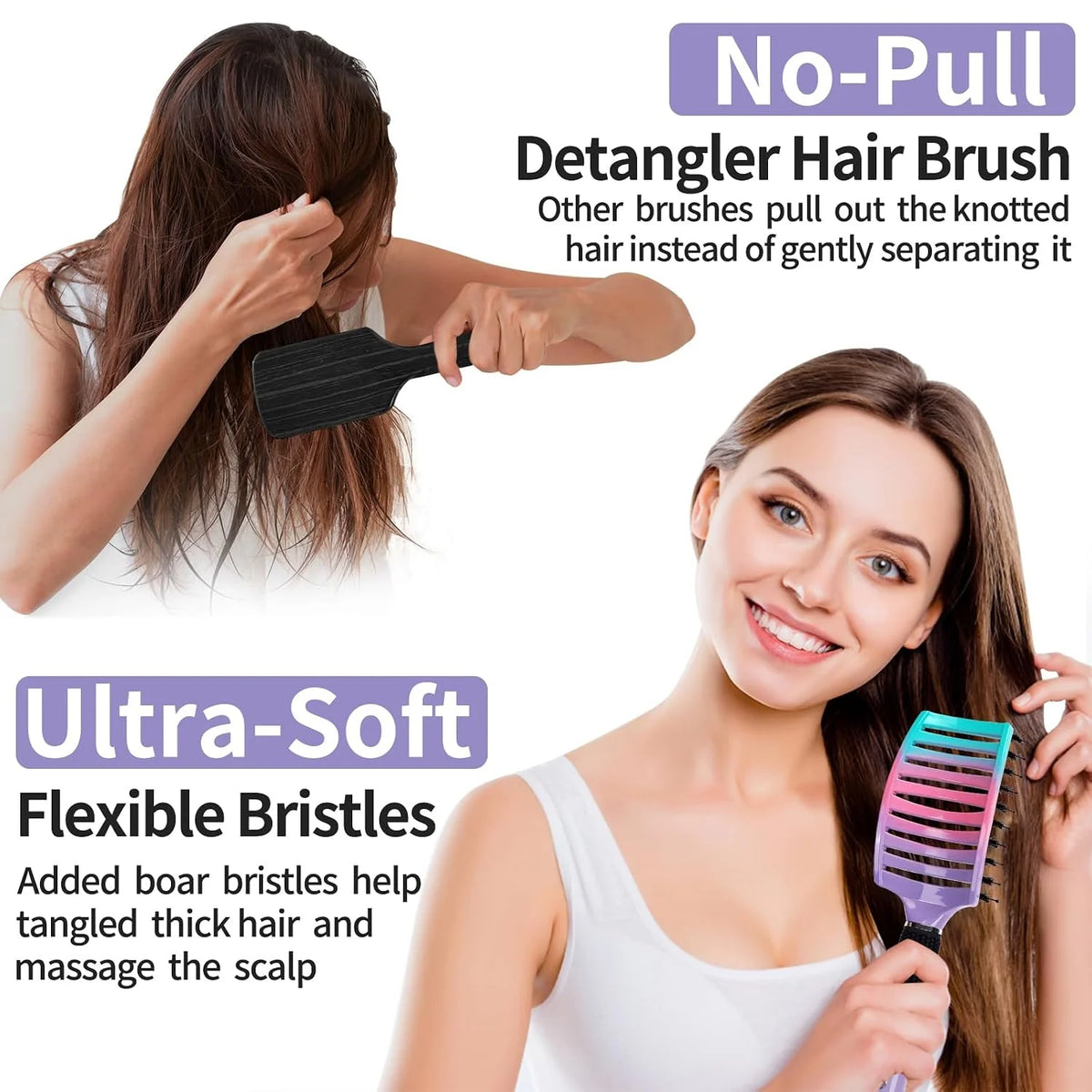 HIPPIH Boar Bristle Hair Brush Set of 2, Detangling Smoothing for Wet & Dry