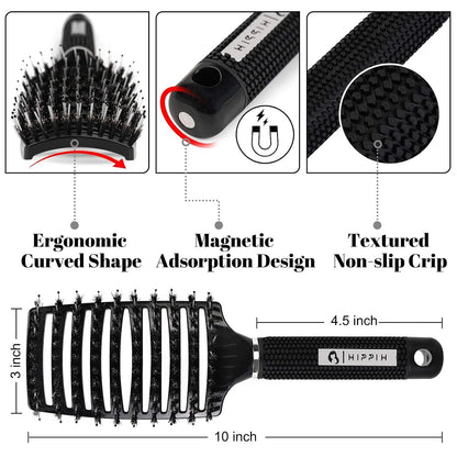 HIPPIH Boar Bristle Hair Brush Set of 2, Detangling Smoothing for Wet & Dry