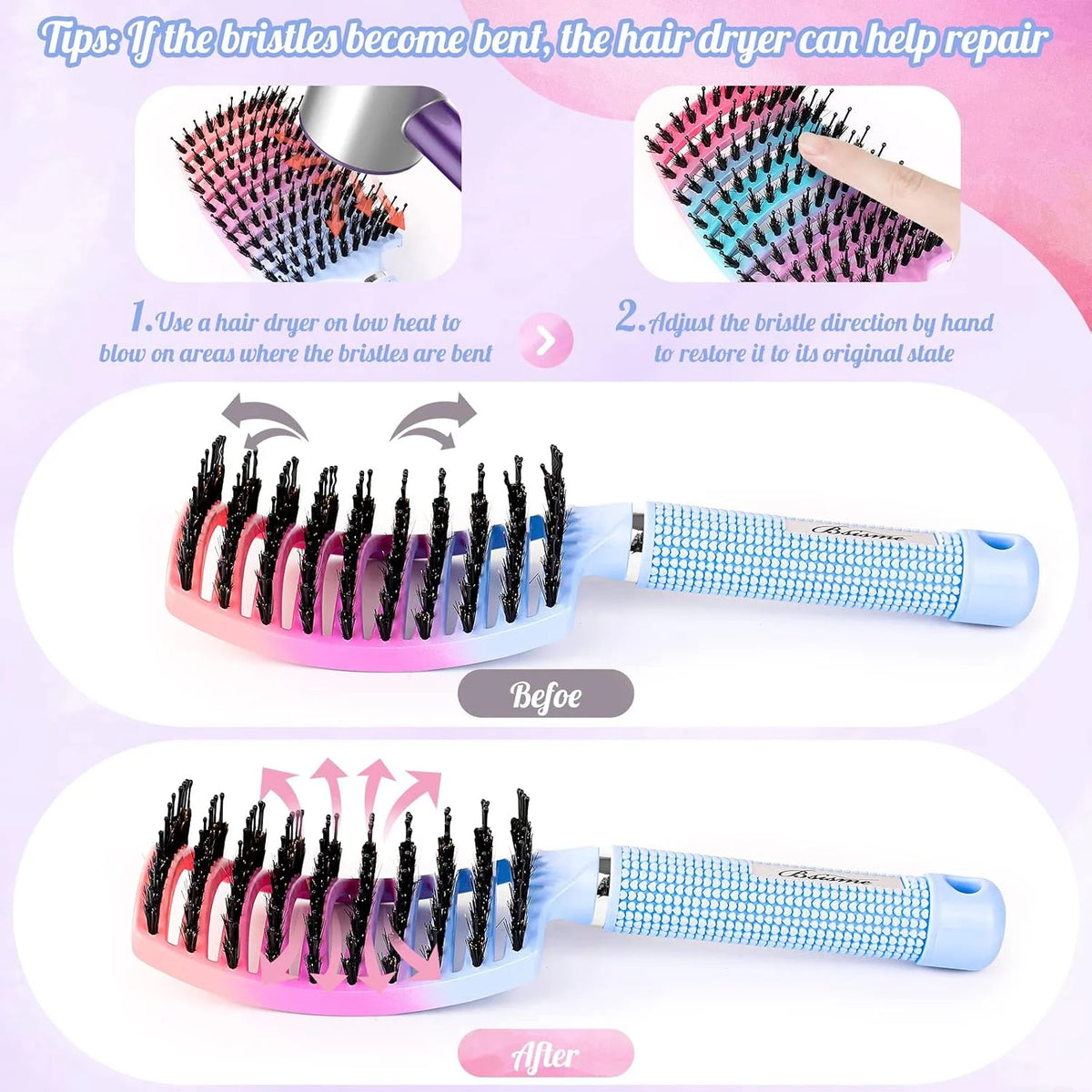 Boar Bristle Hair Brush Curved Vented Detangler Brush Faster Blow Drying, Paddle Detangling Brush for Women Men Kids Wet Dry Long Curly Thick Straight Hair, Make Hair Shiny and Healthier(Purple+Green)