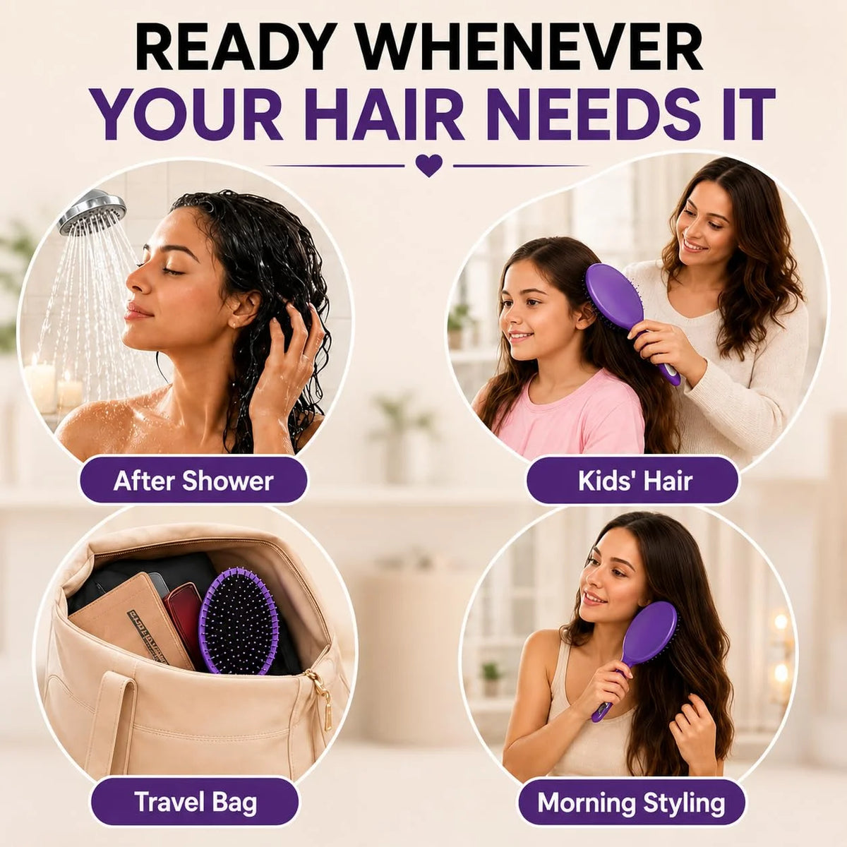HerStyler Purple Hair Brush Detangler -Pain Free, No Breakage