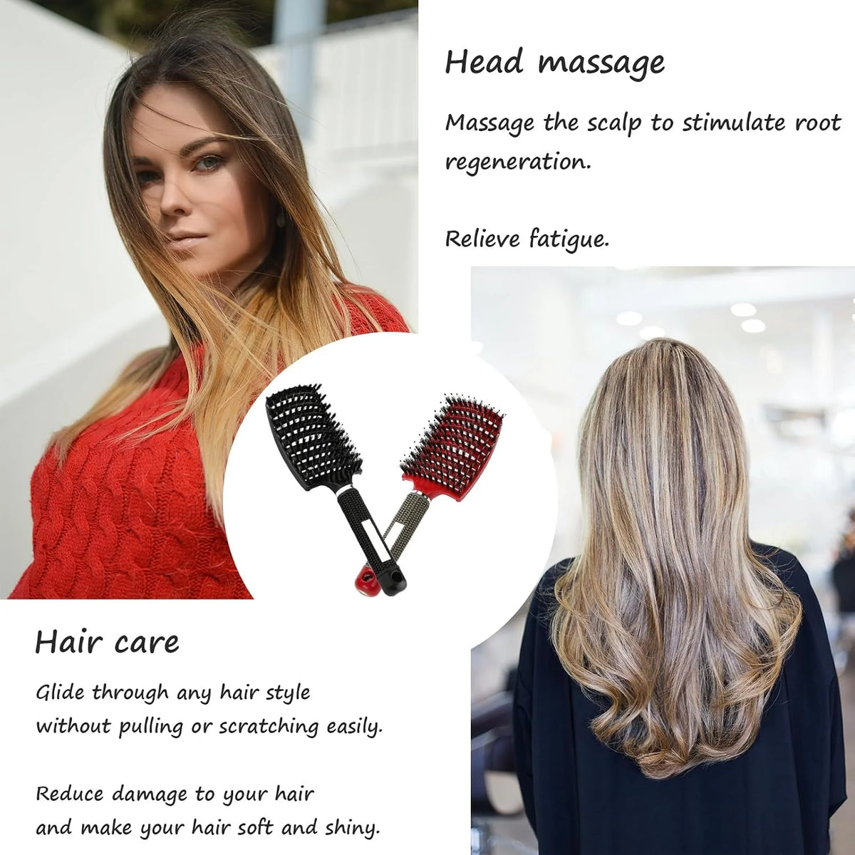 2 PACK Boar Bristle Hair Brush No Pull Curved Vented Hair Brushes Detangler Brush Fast Blow Drying Hair Brush for Kids Men Women Wet Dry Long Thin Thick Curly Tangled Hair (pink+green)