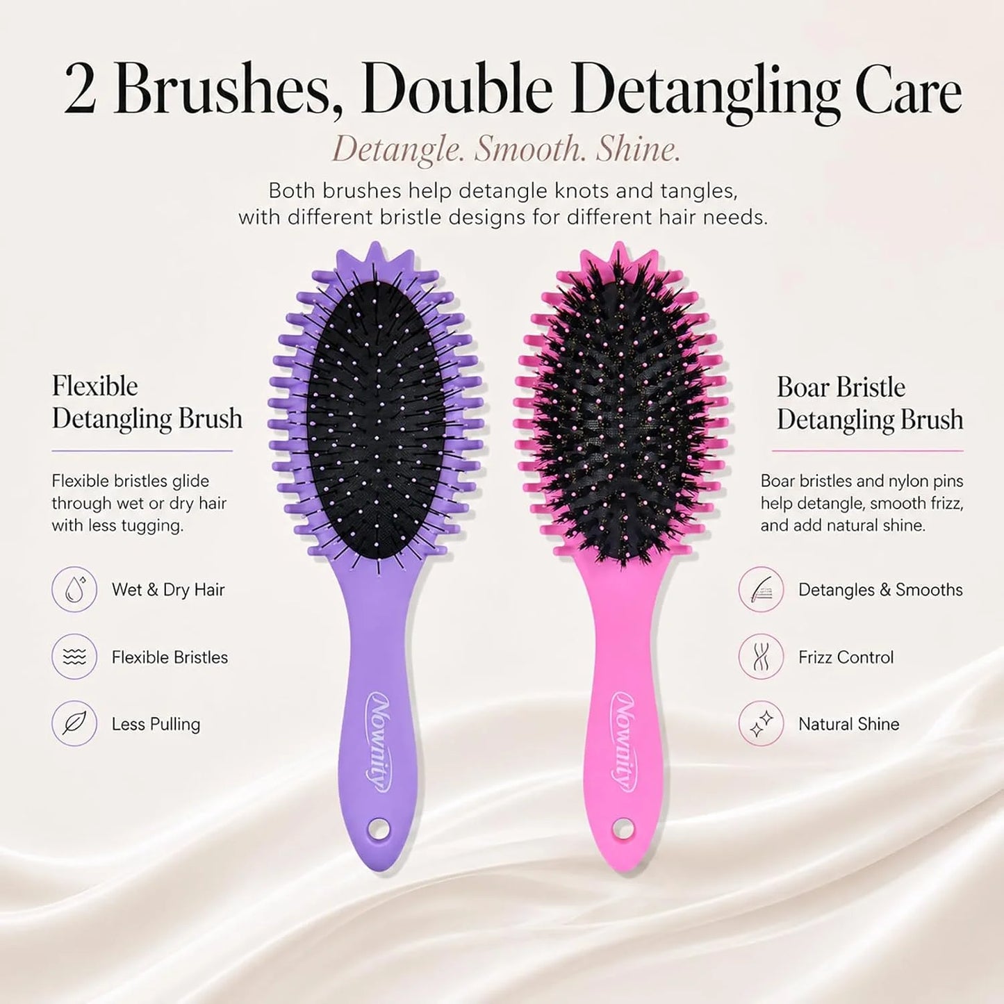 2 Pack Detangling Hair Brush Set with Boar Bristle Brush & 2 Cleaning Brushes, Wet & Dry Hair Brushes for Curly, Wavy, Thick Hair, Gentle No-Pull Detangler for Women, Kid (Pink+Purple)